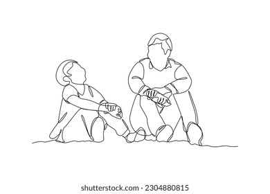 Single one-line drawing father and son sitting relaxed. Father's Day concept. Continuous line draw design graphic vector illustration.