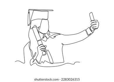 Single one-line drawing female graduate taking selfies on her graduation day. Graduation concept. Continuous line draw design graphic vector illustration.