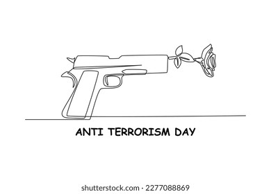 Single one-line drawing flower at the end of a gun. Anti-terrorism day concept continuous line draw design graphic vector illustration