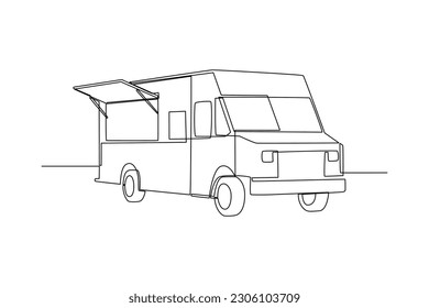 Single one-line drawing food truck with open windows. Food truck concept. Continuous line drawing illustration.