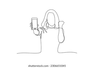 Single one-line drawing girl showing her cell phone. Mobile phone concept. Continuous line drawing illustration