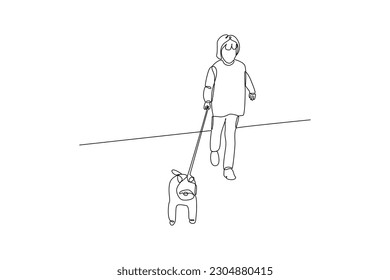 Single one-line drawing a girl walking casually with her puppy. Urban pet concept. Continuous line draw design graphic vector illustration.