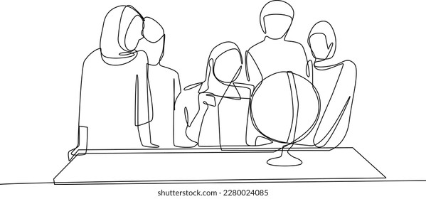 Single one-line drawing of a group of students studying geography. Class in session concept. Continuous line drawing design graphic vector illustration.