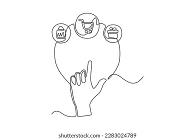 Single one-line drawing a hand chooses a shopping option in e-commerce. E-Commerce concept continuous line draw design graphic vector illustration