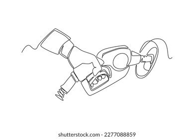 Single one-line drawing hand holding fueling nozzle gasoline to refuel the car. Gas station concept continuous line draw design graphic vector illustration
