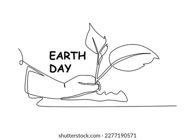 Single one-line drawing hand planting a tree close up. Earth day concept. continuous line draw design graphic vector illustration
