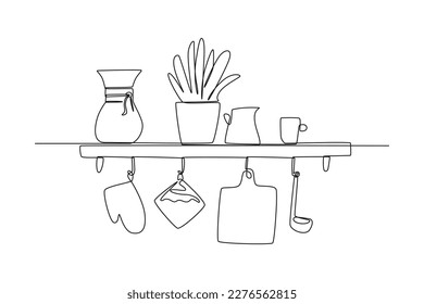 Single one-line drawing hanging kitchen utensil design. Kitchen room concept continuous line draw design graphic vector illustration