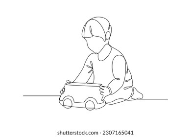 Dibujo de una sola línea niño feliz jugando al auto de juguete. Niños jugando con el concepto de juguetes. Ilustración continua del plano de línea