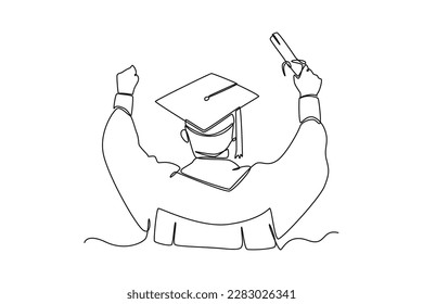 Single one-line drawing happy graduate holding up his certificate. Graduation concept. Continuous line draw design graphic vector illustration.