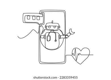 Single one-line drawing health robot assistant in handphone. Chatbot concept continuous line draw design graphic vector illustration