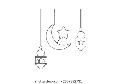 Single one-line drawing Islamic star moon hanger. Islamic new year concept. Continuous line drawing illustration