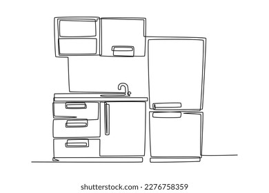 Single one-line drawing kitchen cabinet design with dishwasher sink. Kitchen room concept continuous line draw design graphic vector illustration