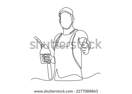 Single one-line drawing male gas station attendant gives thumbs up. Gas station concept continuous line draw design graphic vector illustration