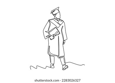 Single one-line drawing a male graduate walking proudly on his graduation day. Graduation concept. Continuous line draw design graphic vector illustration.