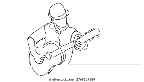 single one-line drawing of a male singer playing guitar and singing into a microphone, continuous line style, rock star and pop music concept vector illustration.