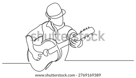 single one-line drawing of a male singer playing guitar and singing into a microphone, continuous line style, rock star and pop music concept vector illustration.