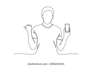 Single one-line drawing man holding a cell phone. Mobile phone concept. Continuous line drawing illustration