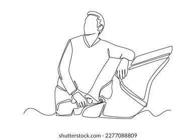 Single one-line drawing man refueling car looking at total price. Gas station concept continuous line draw design graphic vector illustration