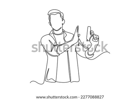 Single one-line drawing of a man showing a stop at a gun. Anti-terrorism day concept continuous line draw design graphic vector illustration