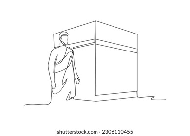 Single one-line drawing a man surrounding the Kaaba. Hajj and Umrah activity concept. Continuous line drawing illustration