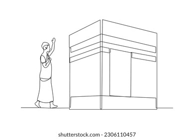 Single one-line drawing a man walking around the Kaaba. Hajj and Umrah activity concept. Continuous line drawing illustration