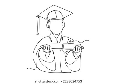 Single one-line drawing man wearing graduation attire and holding graduation paper. Graduation concept. Continuous line draw design graphic vector illustration.