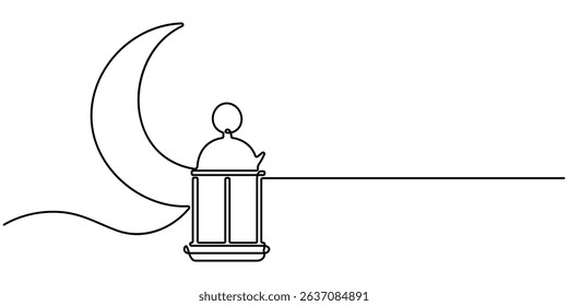 Single one-line drawing of moon and mosque. Islamic new year concept. Muharram line art vector minimalist design. Islamic ornament background. Continuous line drawing illustration.