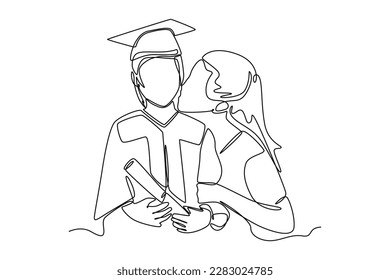 Single one-line drawing a mother kissing her daughter on graduation day. Graduation concept. Continuous line draw design graphic vector illustration.