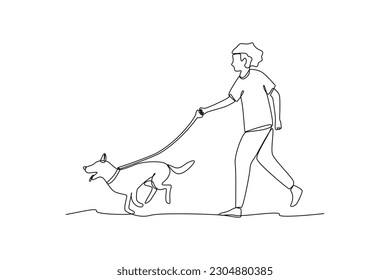 Single one-line drawing pets run with their owners. Urban pet concept. Continuous line draw design graphic vector illustration.