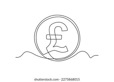 Single one-line drawing pound sterling coin currency from England. Country currency concept continuous line draw design graphic vector illustration