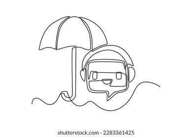 Concepto de protección de dibujo de una sola línea de un robot y un paraguas. Concepto de chatbot diseño de trazos de línea continua ilustración vectorial gráfica