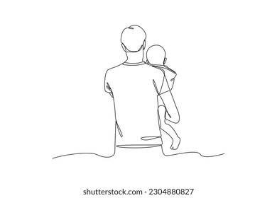 Single one-line drawing rear view of dad holding his baby. Father's Day concept. Continuous line draw design graphic vector illustration.