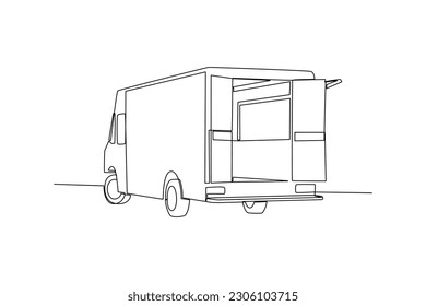 Single one-line drawing rear view of food truck. Food truck concept. Continuous line drawing illustration.