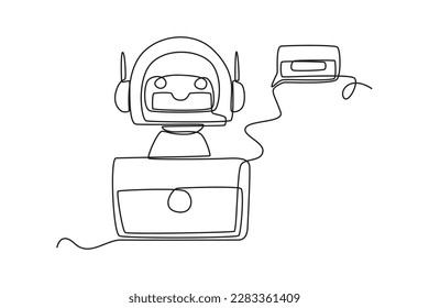 Single one-line drawing robot carries out a conversation using a laptop. Chatbot concept continuous line draw design graphic vector illustration