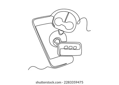 Single one-line drawing robot in the handphone. Chatbot concept continuous line draw design graphic vector illustration