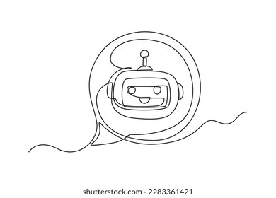 Single one-line drawing robot head in bubble chat. Chatbot concept continuous line draw design graphic vector illustration