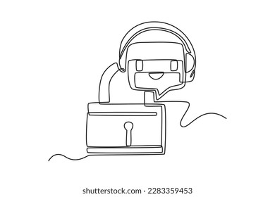 Single one-line drawing robot and a padlock icon. Chatbot concept continuous line draw design graphic vector illustration