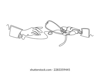 Single one-line drawing robotic hand giving stethoscope to the doctor. Chatbot concept continuous line draw design graphic vector illustration