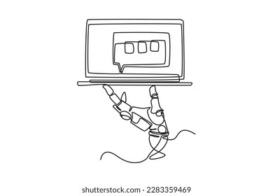 Single one-line drawing robotic hand holding a laptop. Chatbot concept continuous line draw design graphic vector illustration