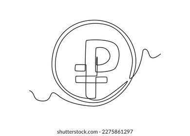 Single one-line drawing rubel coin currency from Russia. Country currency concept continuous line draw design graphic vector illustration