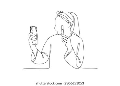 Single one-line drawing selfie woman with her new cell phone. Mobile phone concept. Continuous line drawing illustration