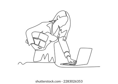 Single one-line drawing the seller sees the income order from the laptop. E-Commerce concept continuous line draw design graphic vector illustration