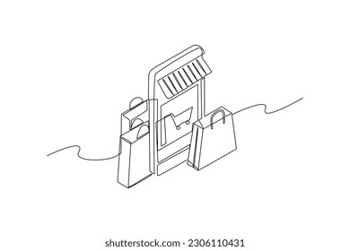 Single one-line drawing shop on the digital market. Market digital concept. Continuous line drawing illustration