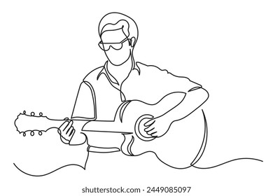 Single one-line drawing of a singer with a guitar.continuous line drawing rock star man singing with a microphone.pop singer, rock star concept vector illustration.