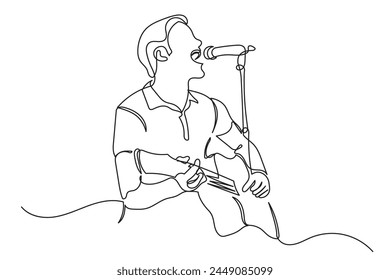 Dibujo de una sola línea de un cantante con una guitarra.dibujo de línea continua hombre de la estrella de rock cantando con un micrófono.cantante pop, Ilustración vectorial de concepto de estrella de rock.