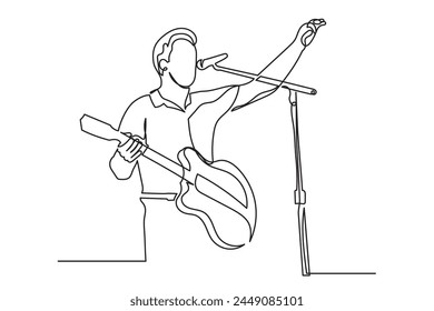 Single one-line drawing of a singer with a guitar.continuous line drawing rock star man singing with a microphone.pop singer, rock star concept vector illustration.