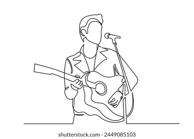 Single one-line drawing of a singer with a guitar.continuous line drawing rock star man singing with a microphone.pop singer, rock star concept vector illustration.