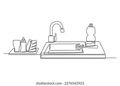 Single one-line drawing sink and dishwasher in the kitchen. Kitchen room concept continuous line draw design graphic vector illustration