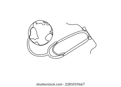 Single one-line drawing stethoscope and the world. World health day concept. Continuous line drawing design graphic vector illustration.