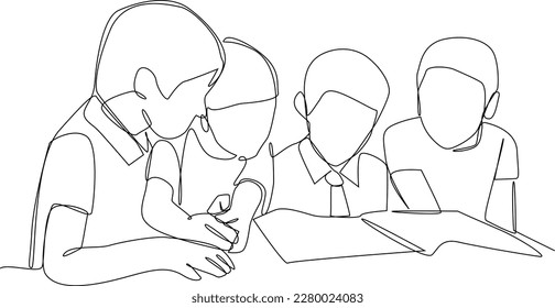 Single one-line drawing students study together in class. Class in session concept. Continuous line drawing design graphic vector illustration.